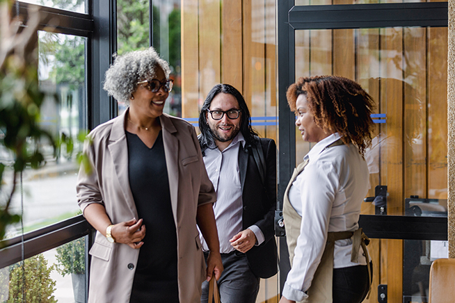 Women leaving an office building.