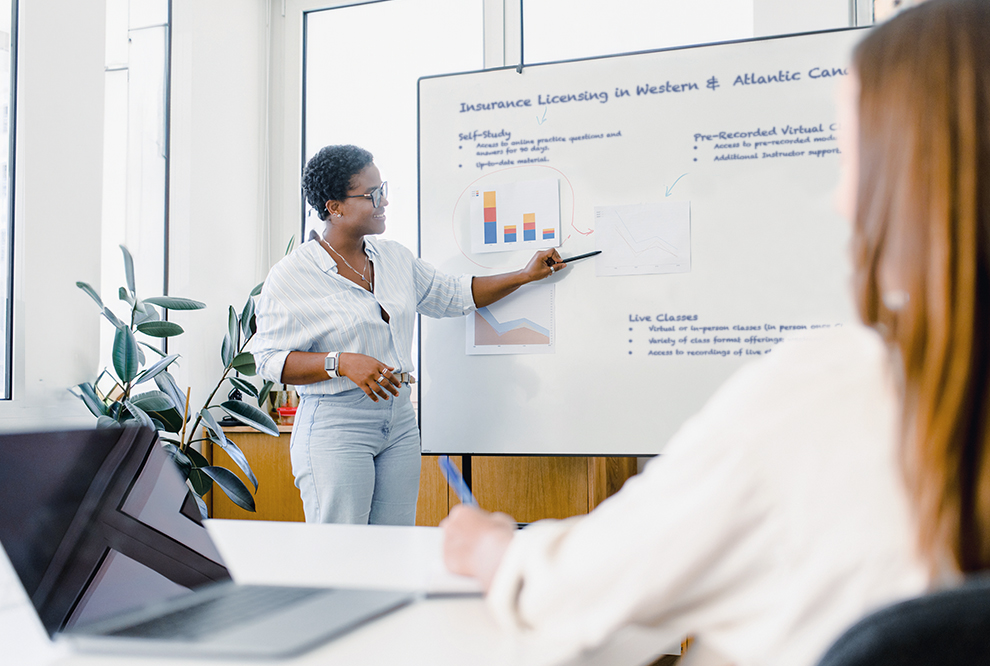 Woman working at whiteboard. 