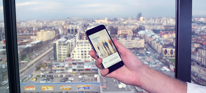 Person holding a phone in front with a view of the city