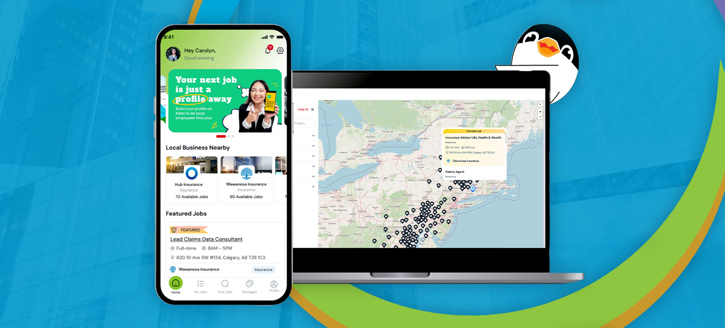 Insurance job board on phone and desktop screen