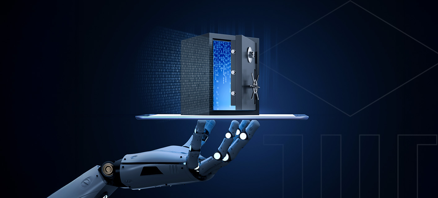 Robot hand holds small safe with data code